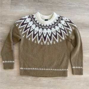 J Crew Crewneck Sweater Fair Isle Alpaca Wool Blend Womens Tan and Cream Neutral